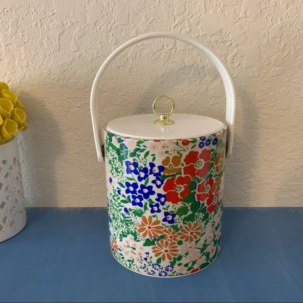 Vintage Multicolor Floral Ice Bucket with Gold Handle